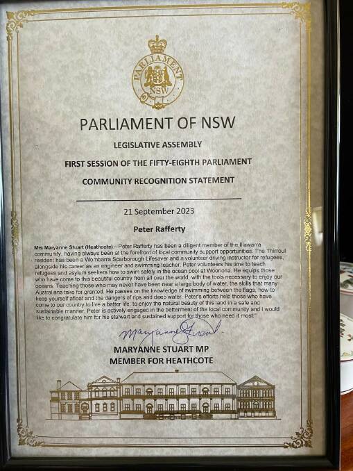 Peter Raffety's award from Parliament of NSW. Picture supplied